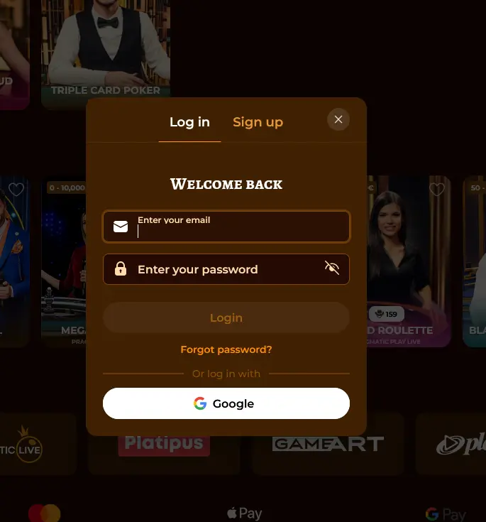 Přihlašovací formulář Playjonny Casino s možností přihlášení přes Google