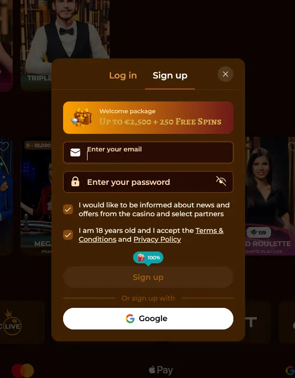 Registrační formulář Playjonny Casino s uvítacím bonusem